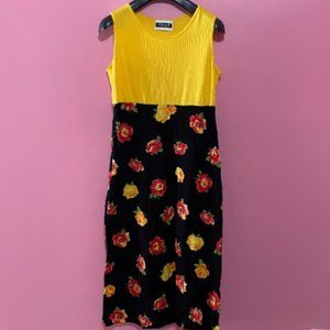 90's yellow and black floral maxi dress